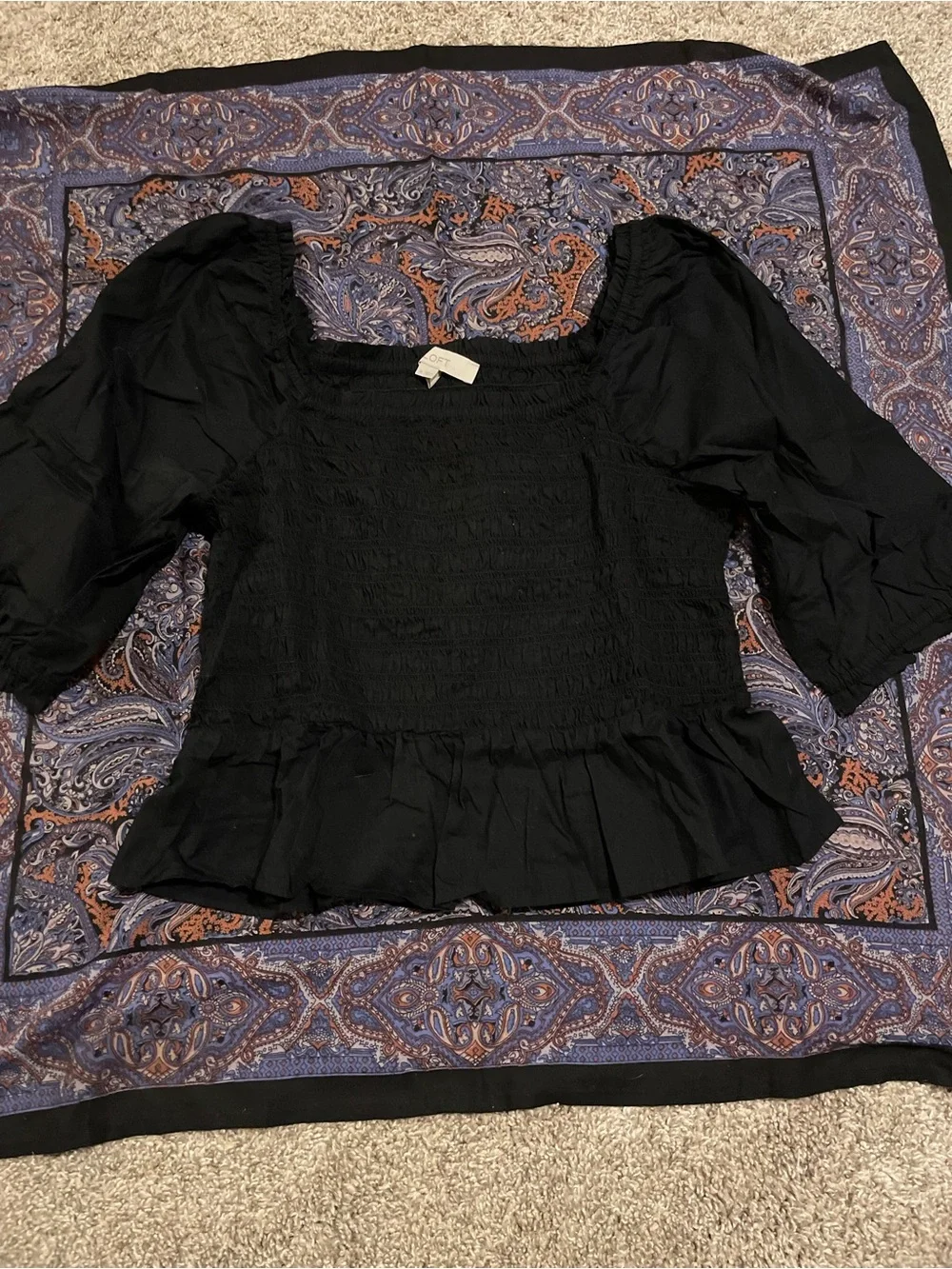 LOFT Black Smocked Peplum Puff Sleeve Blouse